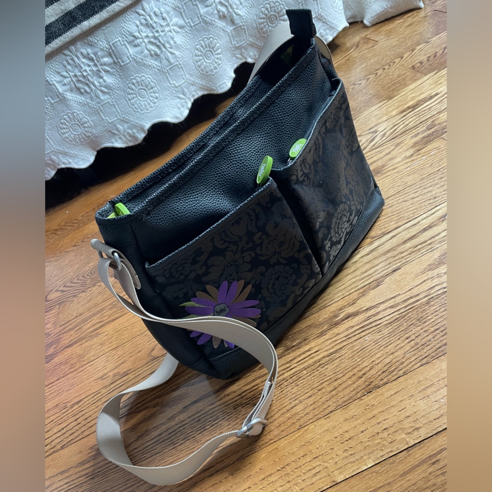 Haiku Vegan Leather Black and Purple Crossbody Bag with Floral Embroidery